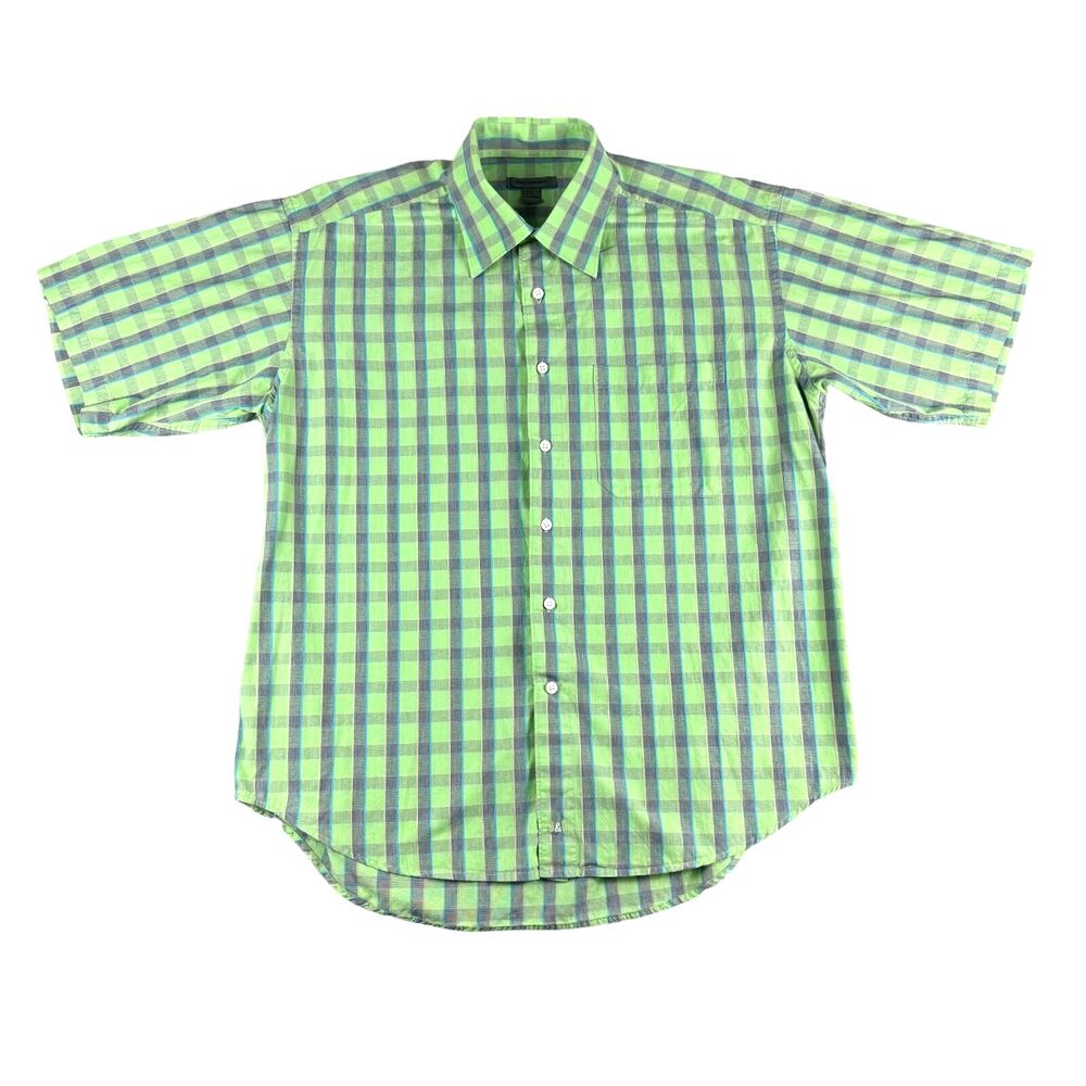 Johnston Murphy Shirt Men's Large Green Blue Plaid Short Sleeve Button Up Preppy